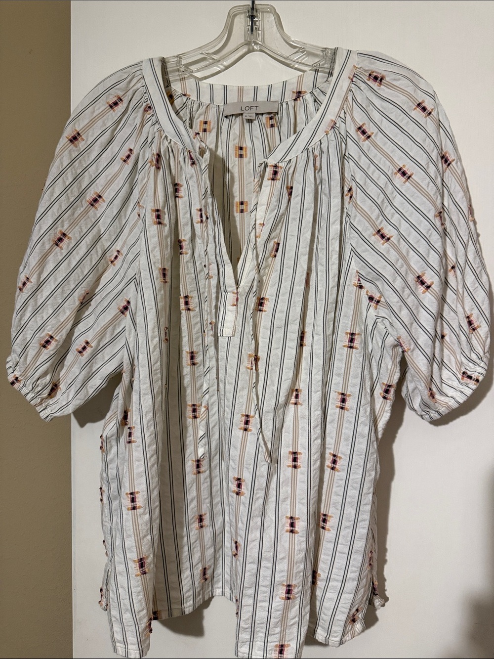 LOFT Cream and Gray Striped Embroidered Peasant Tunic